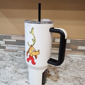 White Tumbler with Black Handle and Grinch Design